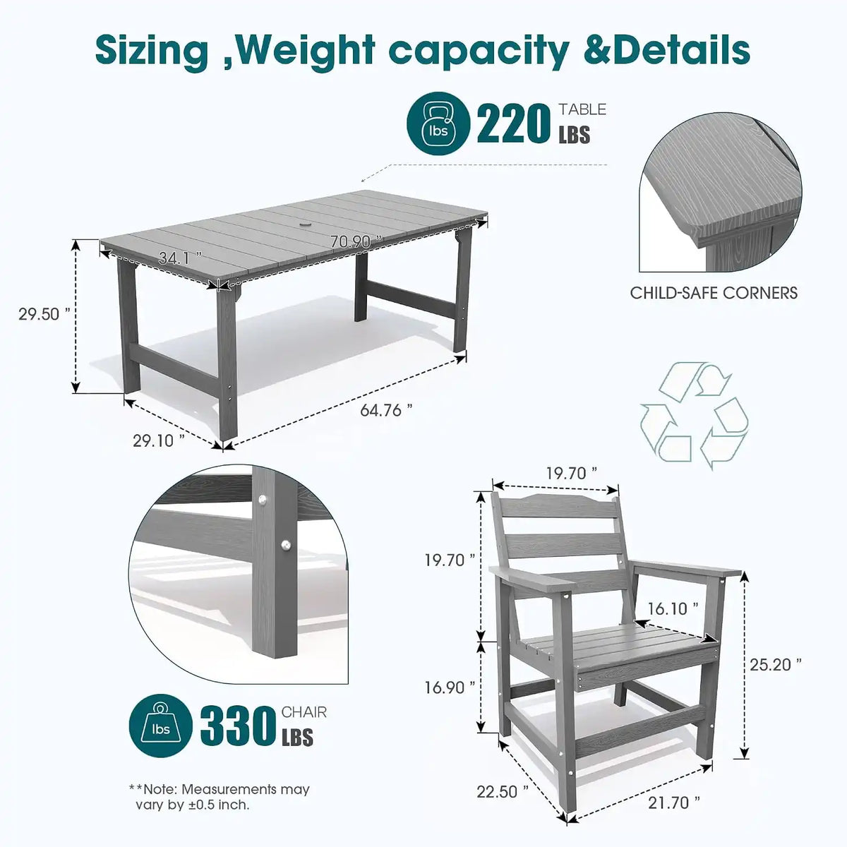 THOEOE Outdoor Dining Set for 6, 70 inch Patio Table and Chairs set, HDPE