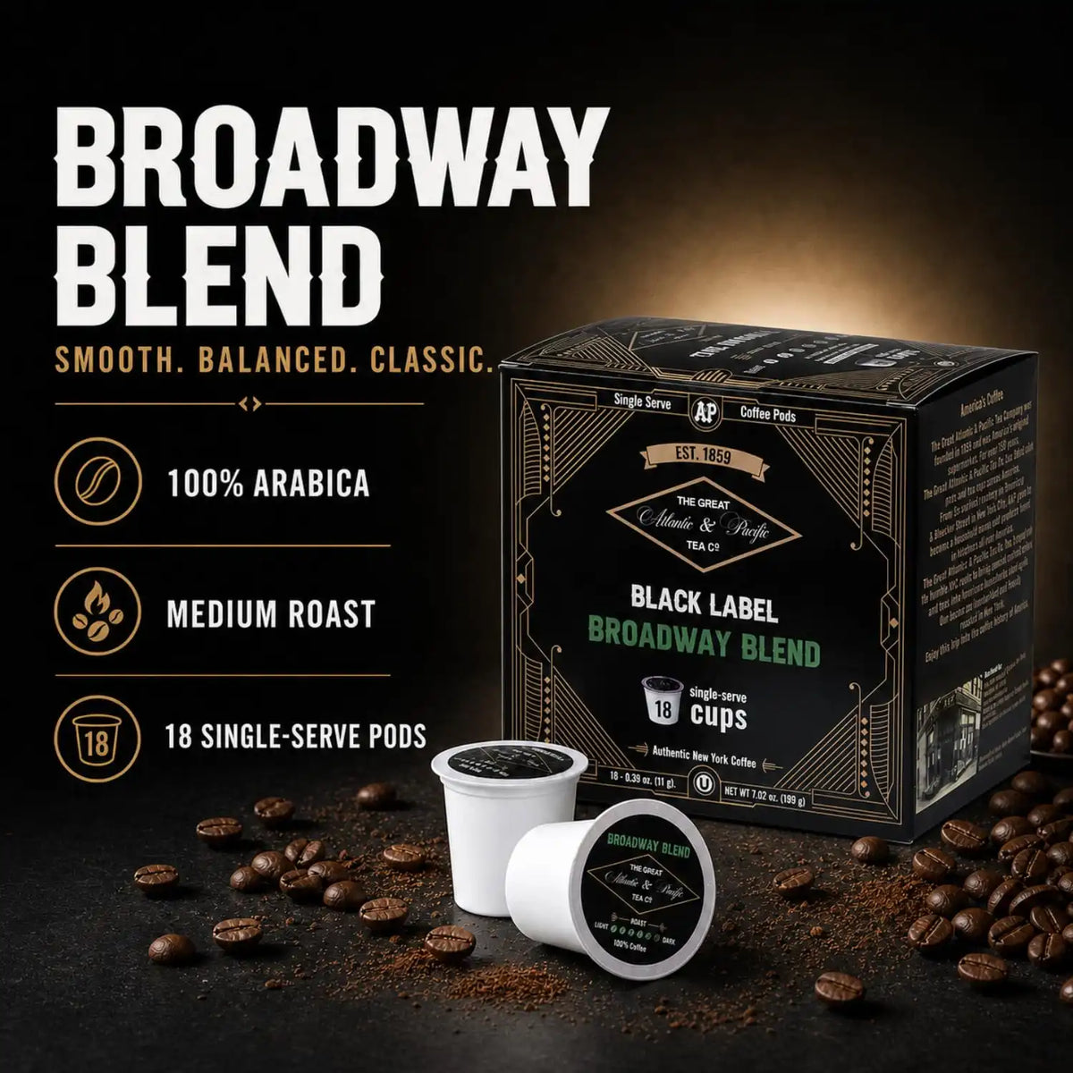 A&P Broadway Blend Medium Roast Coffee Pods, 100% Arabica, 72 Count