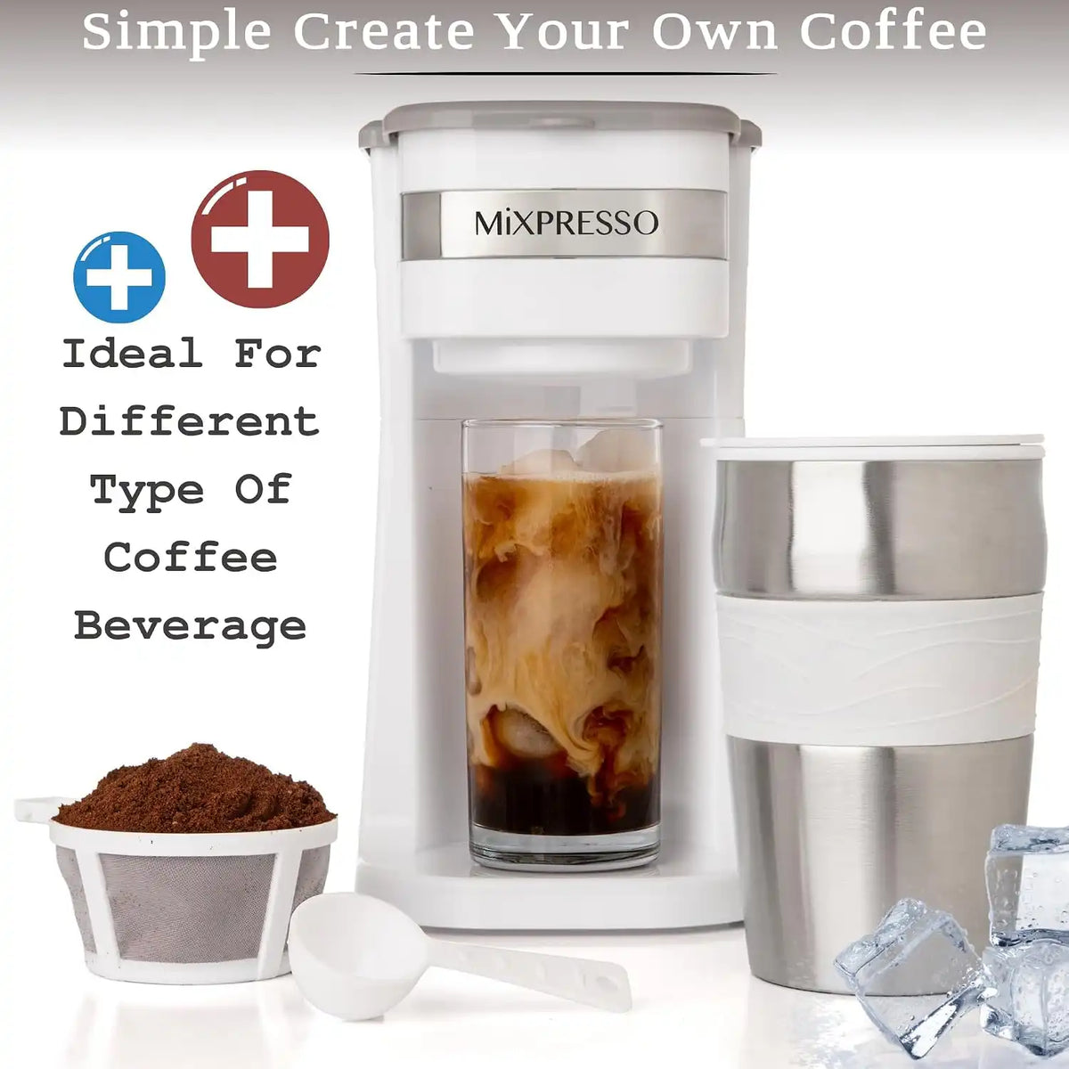 Mixpresso Single Serve & Single Cup Coffee Maker with 14oz Travel Mug White