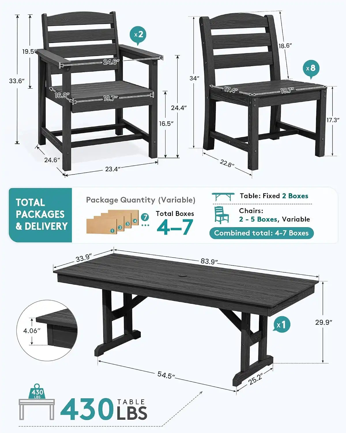 SERWALL 9Pcs HDPE Outdoor Dining Set w/6 Armless, 2 Armchairs for 8,Black