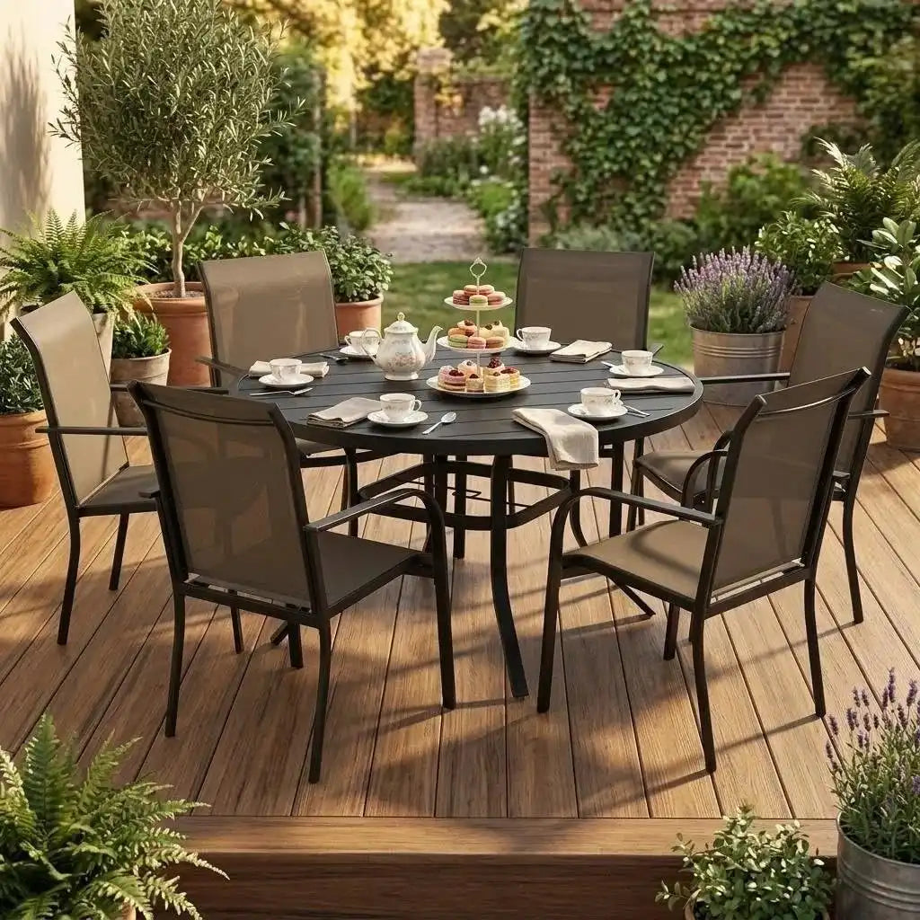 SUNCROWN 7 - Piece Outdoor Dining Set, Patio Furniture Set with 6 x Textilene Dinning Chairs and 53" Metal Round Table with Umbrella Hole for Lawn Garden Backyard Deck, Brown