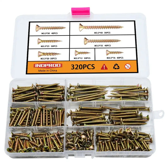 M3.5 Flat Head Wood Screws Assortment Kit 320 Pcs,Phillips Drive Countersunk Flat Head Self-Tapping Wood Screws,Yellow Zinc Plated Finish Screw Kit,Self Tapping Drywall Screws for Metal