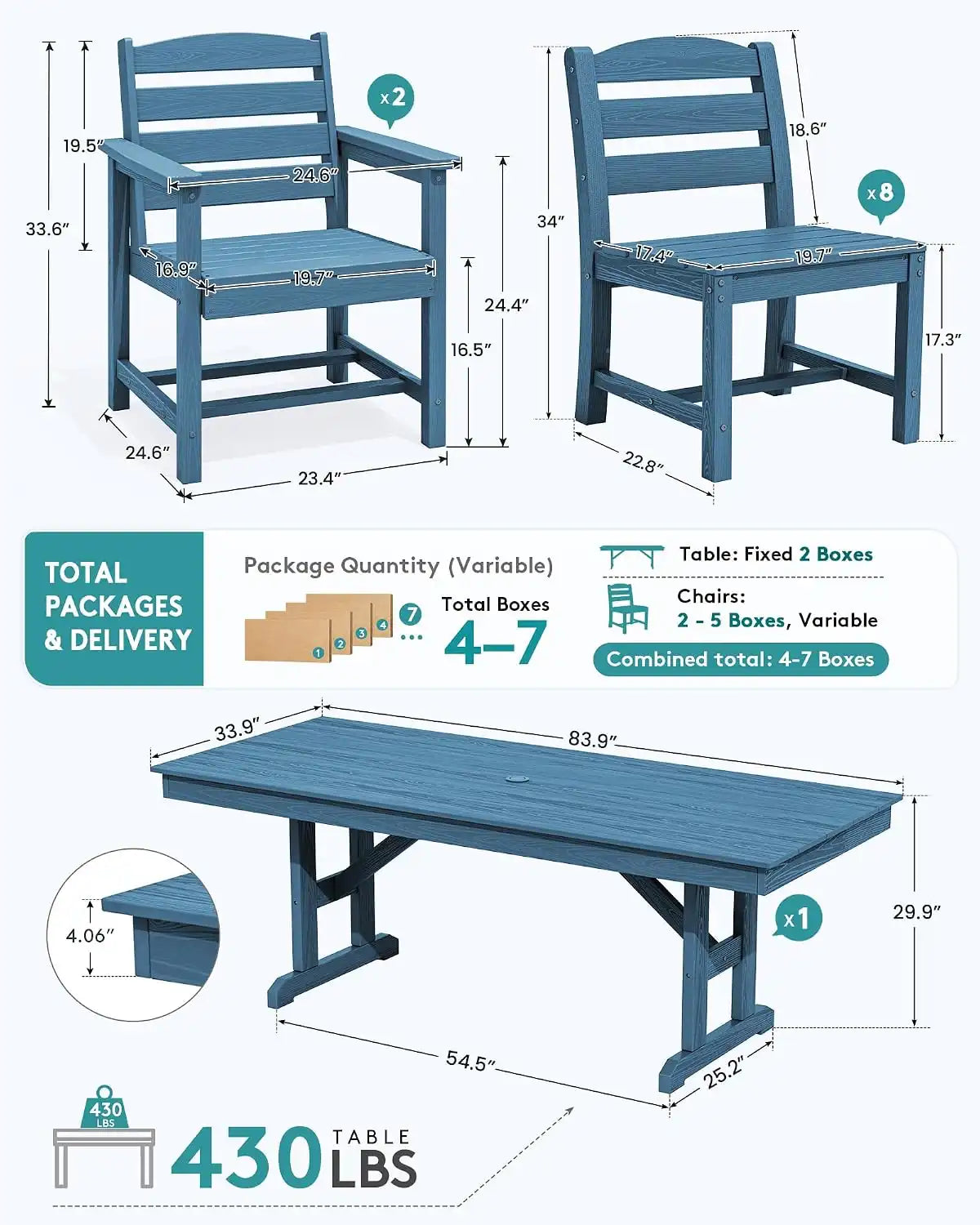 SERWALL 9Pcs HDPE Outdoor Dining Set w/6 Armless, 2 Armchairs for 8,Blue
