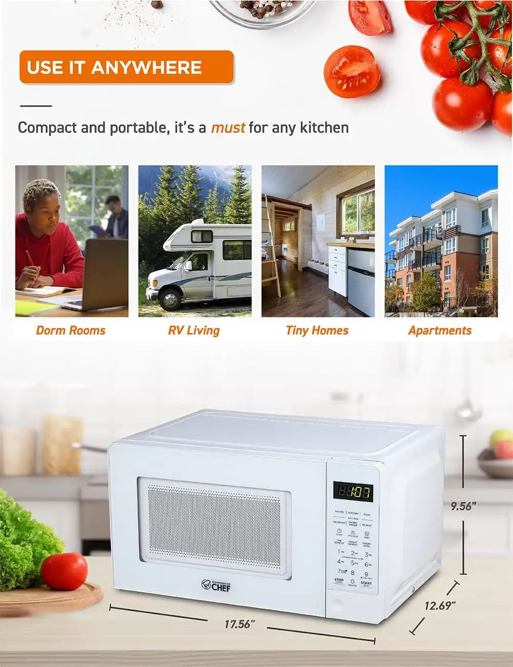 Commercial Chef 0.7 Cu. Ft. Countertop Microwave Oven, CHM770W, White