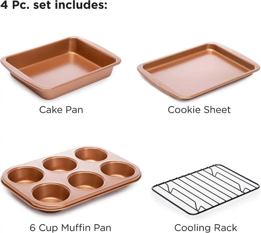 Ecolution Non-Stick Toaster Oven Bakeware Set, 4 Piece, Carbon Steel, Easy to Clean and Perfect for Single Servings, Copper