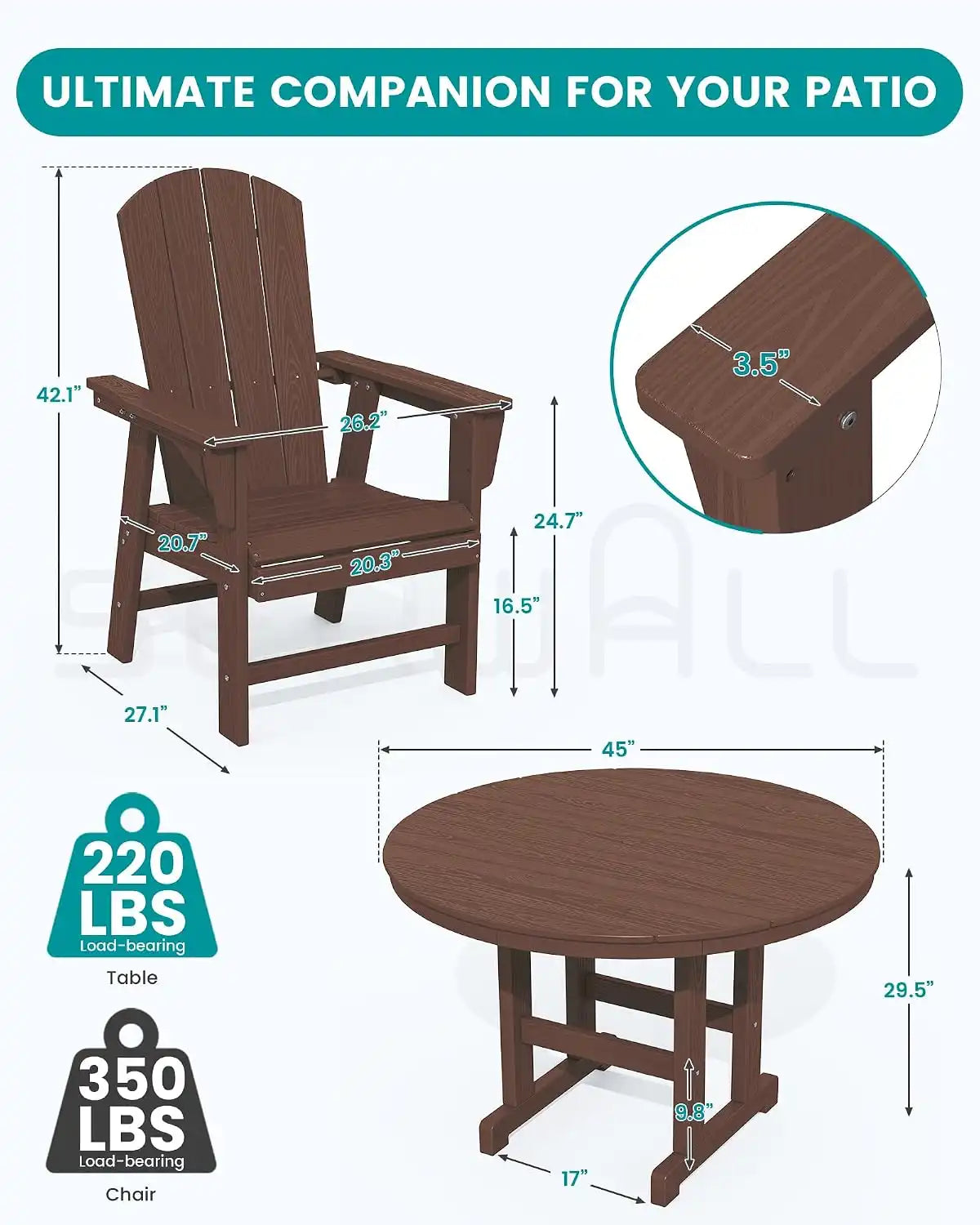 SERWALL Outdoor Adirondack Dining Chair Set of 2, All Weather HDPE, Coffee