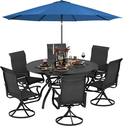 SUNCROWN 8-Piece Outdoor Dining Set, All Weather Patio Furniture Sets with 6 Black Swivel Textilene Mesh Chairs & Round Metal Table & 1 Dark Blue 9Ft Umbrella for Deck Garden Backyard Poolside