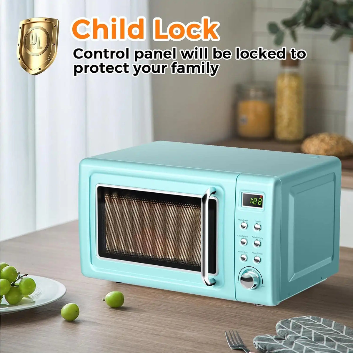 LDAILY 0.7Cu.ft Retro Small Microwave Oven, 700W Compact Countertop Microwave with 5 Power Levels, Auto Cooking Menus, Glass Turntable, Child Lock & Glass Turntable for Apartment, Dorm (Green)