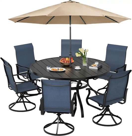 SUNCROWN 8-Piece Outdoor Dining Set, All Weather Patio Furniture Sets with 6 Dark Blue Swivel Textilene Mesh Chairs & Round Metal Table & 1 Brown 9Ft Umbrella for Deck Garden Backyard Poolside