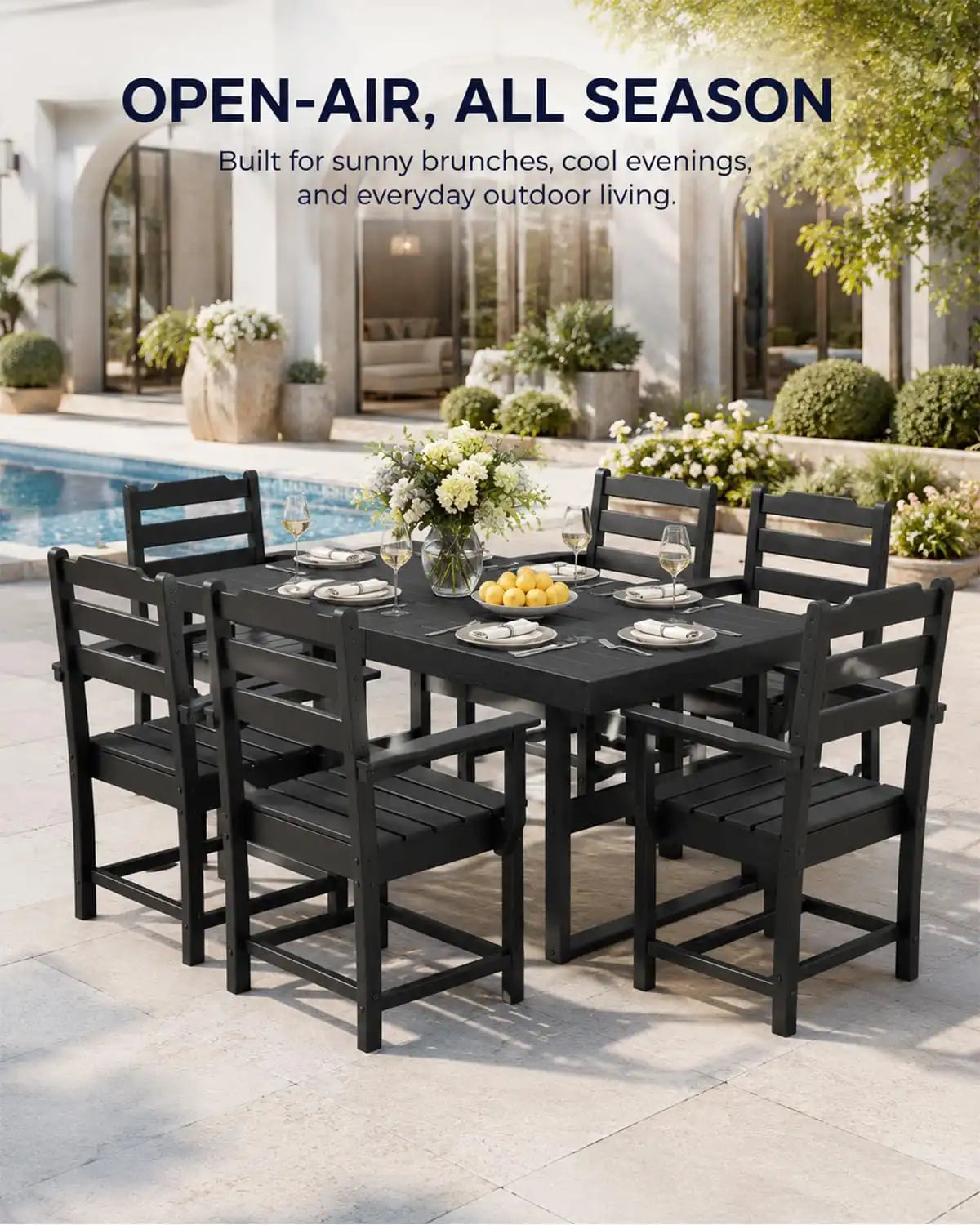 WACASA 7-Piece HDPE Outdoor Dining Set for 6, All-Weather Faux Wood Patio Table and Chairs with 2" Umbrella Hole, Steel-Reinforced Outside Furniture, Black