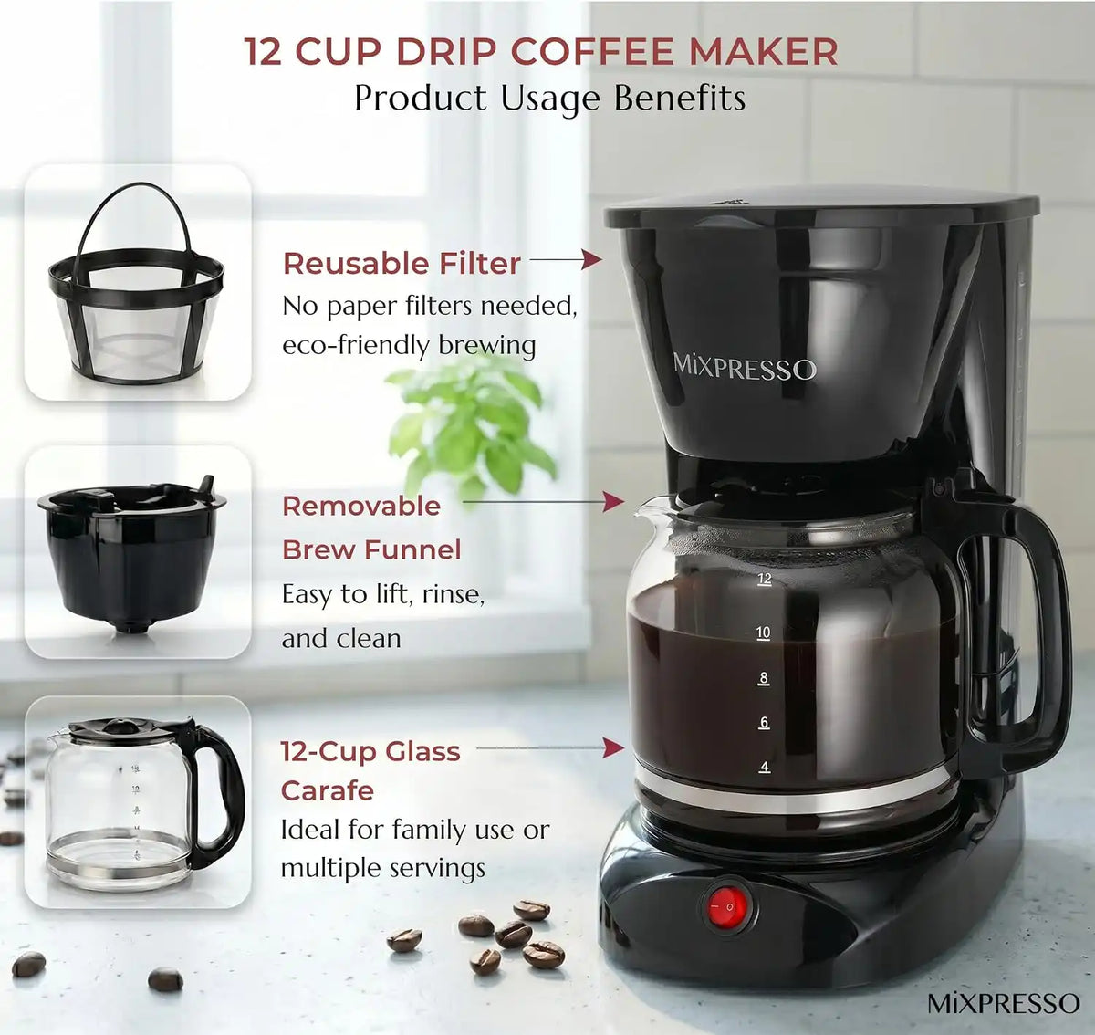 Mixpresso 12 Cup Drip Coffee Maker, Coffee Pot with Reusable Filter, Black