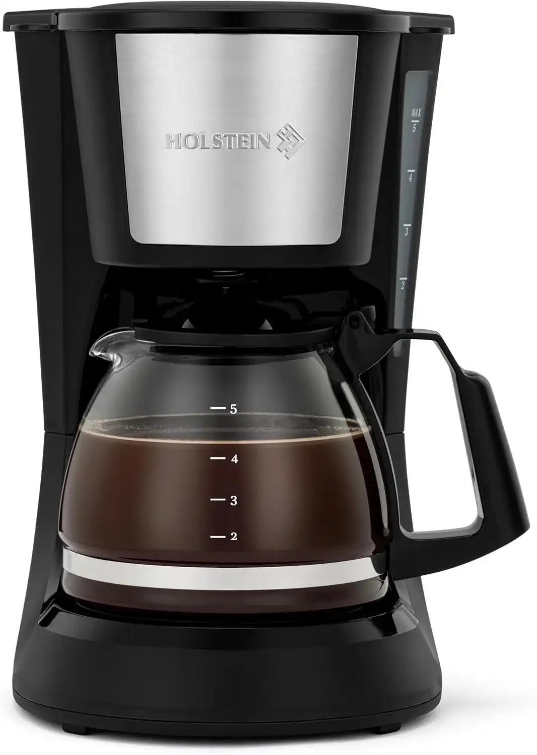 Holstein Housewares - 5 Cup Drip Coffee Maker - Convenient and User Friendly with Permanent Filter, Borosilicate Glass Carafe, Water Level Indicator, Auto Pause/Serve and Keep Warm Functions, Black
