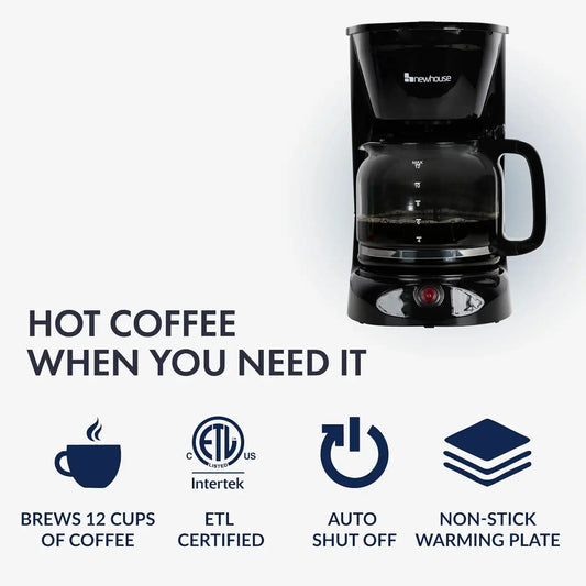 Newhouse Electric Coffee Machine NHCM-001-12, 12-Cup Coffee Maker with Auto Shut Off, Electric Pot with Metal Mesh Coffee Filter Basket, ETL Certified for Hospitality and Residential Use