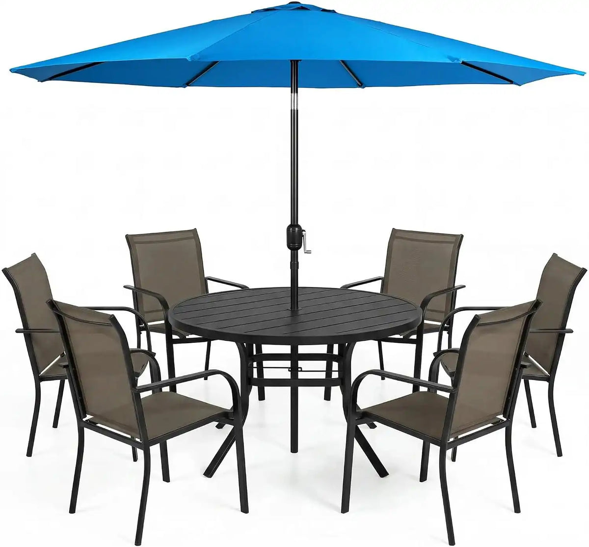 SUNCROWN 8 - Piece Outdoor Dining Set, Patio Furniture Set with 6 Textilene Dinning Chairs, 53" Metal Round Table and 1 Sky Blue 9Ft Patio Umbrella for Lawn Garden Backyard Deck, Brown