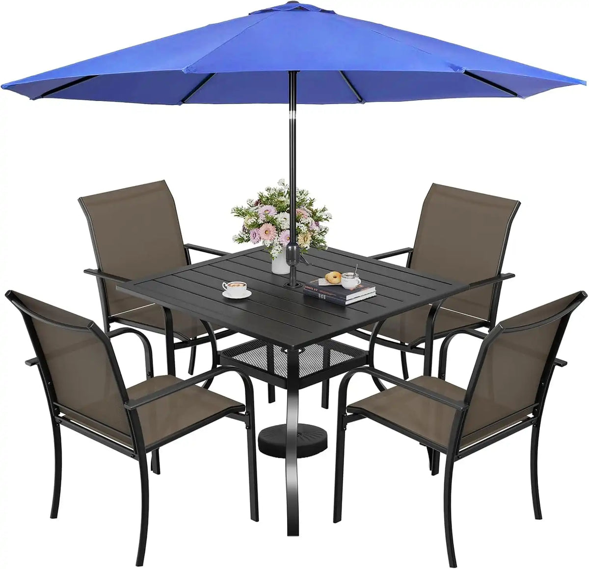 SUNCROWN 6 - Piece Outdoor Dining Set, Patio Furniture Set with 4 Textilene Dinning Chairs, 1 Steel Slat Metal Bistro Table and 1 Dark Blue 9Ft Patio Umbrella for Lawn Garden Backyard Deck, Brown