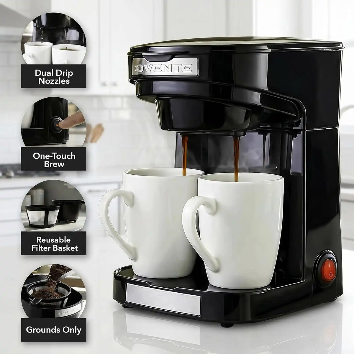 OVENTE Dual Drip Coffee Maker with Easy On/Off Switch, Black CMDD2MB