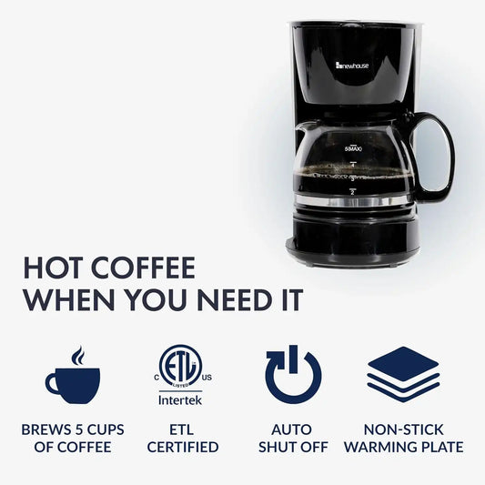 Newhouse Electric Coffee Machine NHCM-001-5, 5-Cup Coffee Maker with Auto Shut Off, Electric Pot with Metal Mesh Coffee Filter Basket, ETL Certified for Hospitality and Residential Use