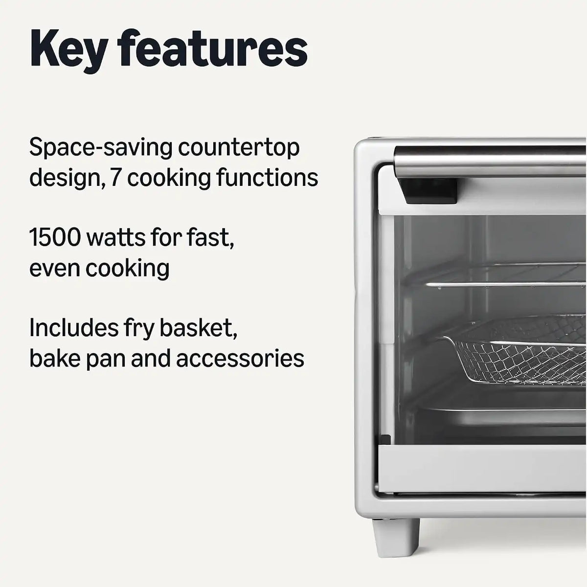 Amazon Basics 6-Slice 23-QT Toaster Oven with Built-In Air Fryer, 7-In-1 Cooking Options, 60-Min Timer & Adjustable Temperature (200°F - 450°F), With Accessories, 1500W, Stainless Steel, Silver/Gray
