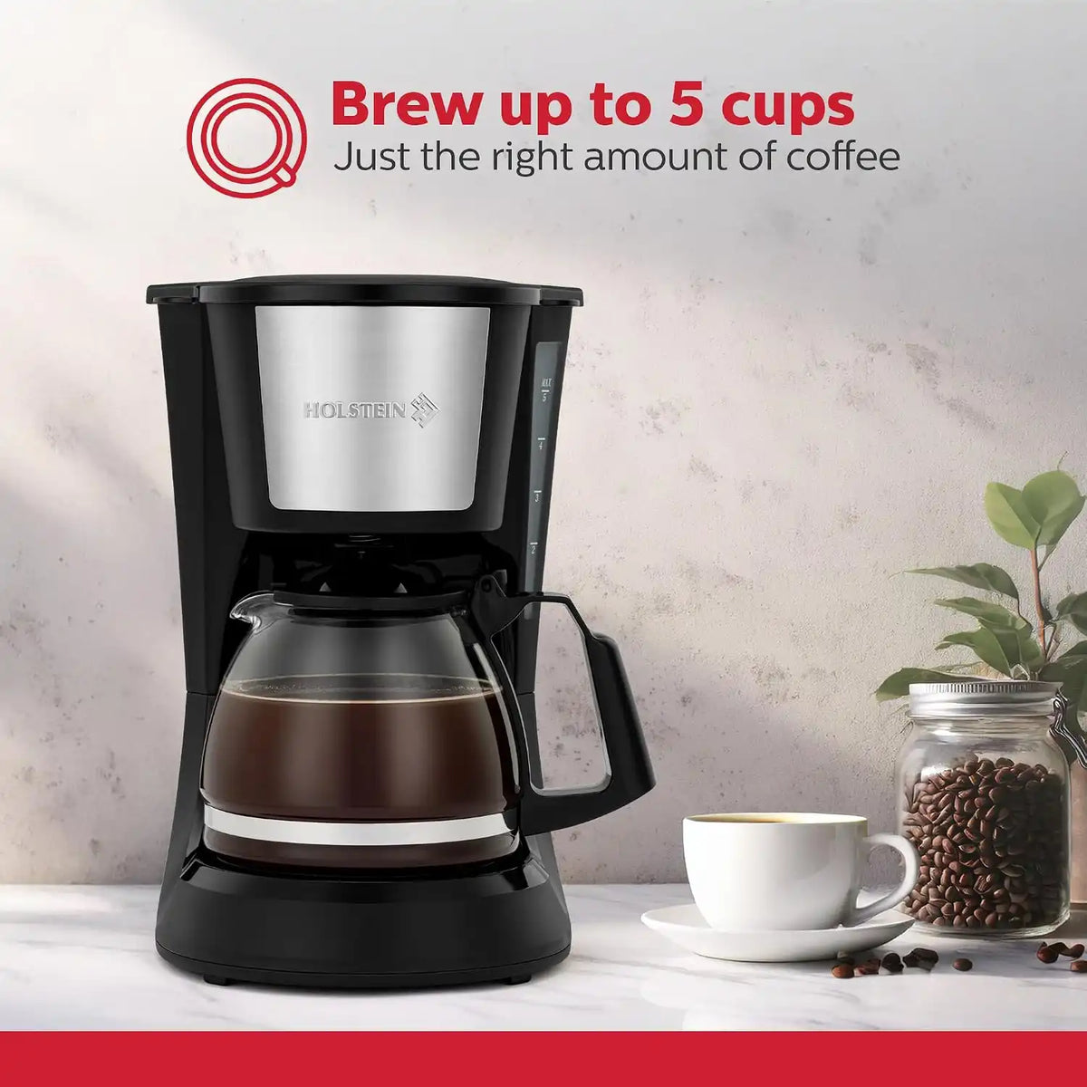 Holstein Housewares - 5 Cup Drip Coffee Maker - Convenient and User Friendly with Permanent Filter, Borosilicate Glass Carafe, Water Level Indicator, Auto Pause/Serve and Keep Warm Functions, Black