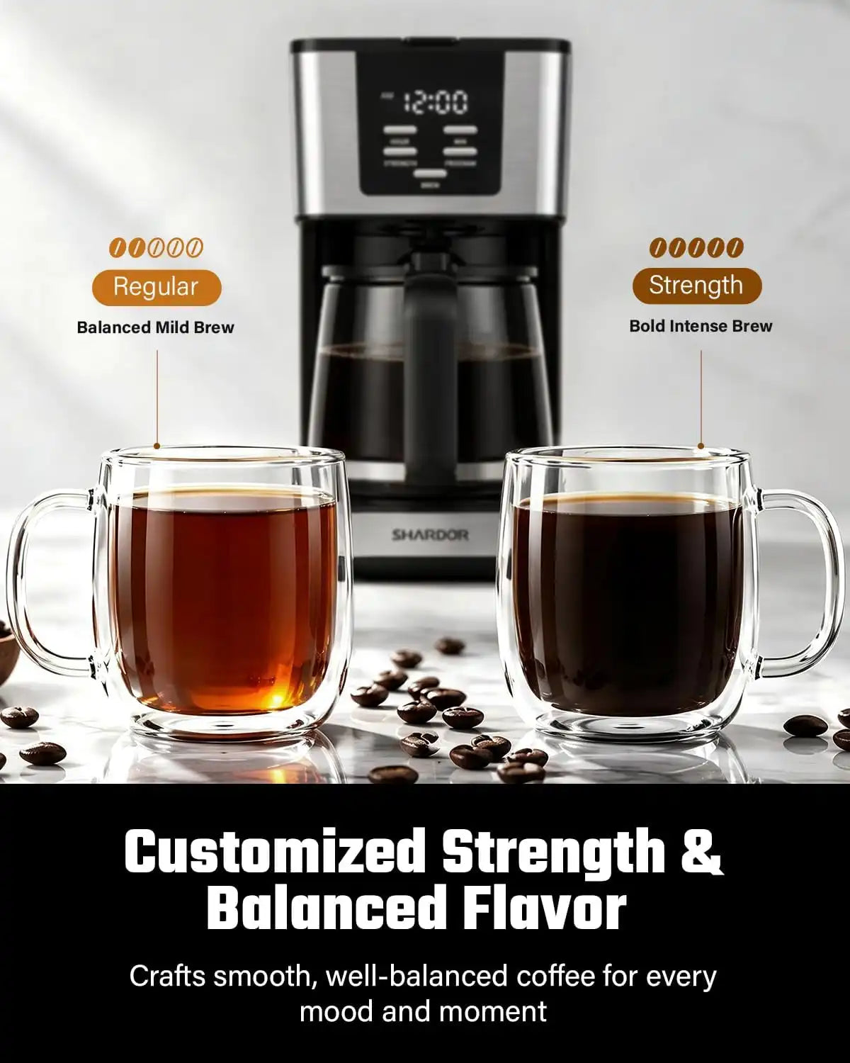 SHARDOR 12-Cup Programmable Coffee Maker, Regular & Bold, LED Display