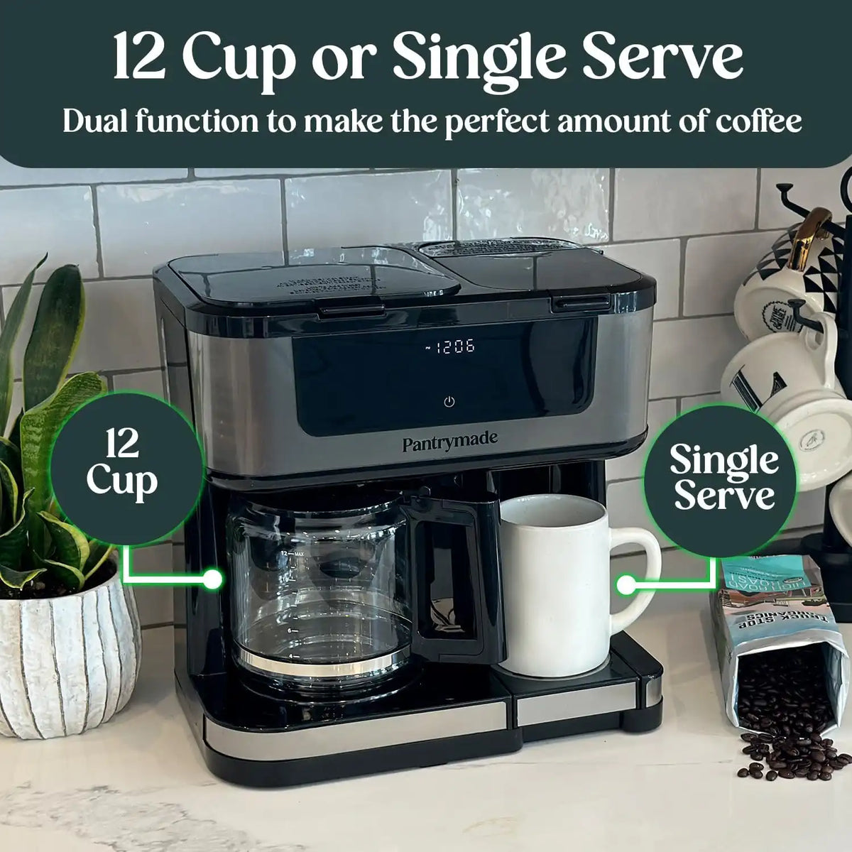 Pantrymade Dual Brew Coffee Maker, 12-Cup Drip & Single Serve K-Cup, Black