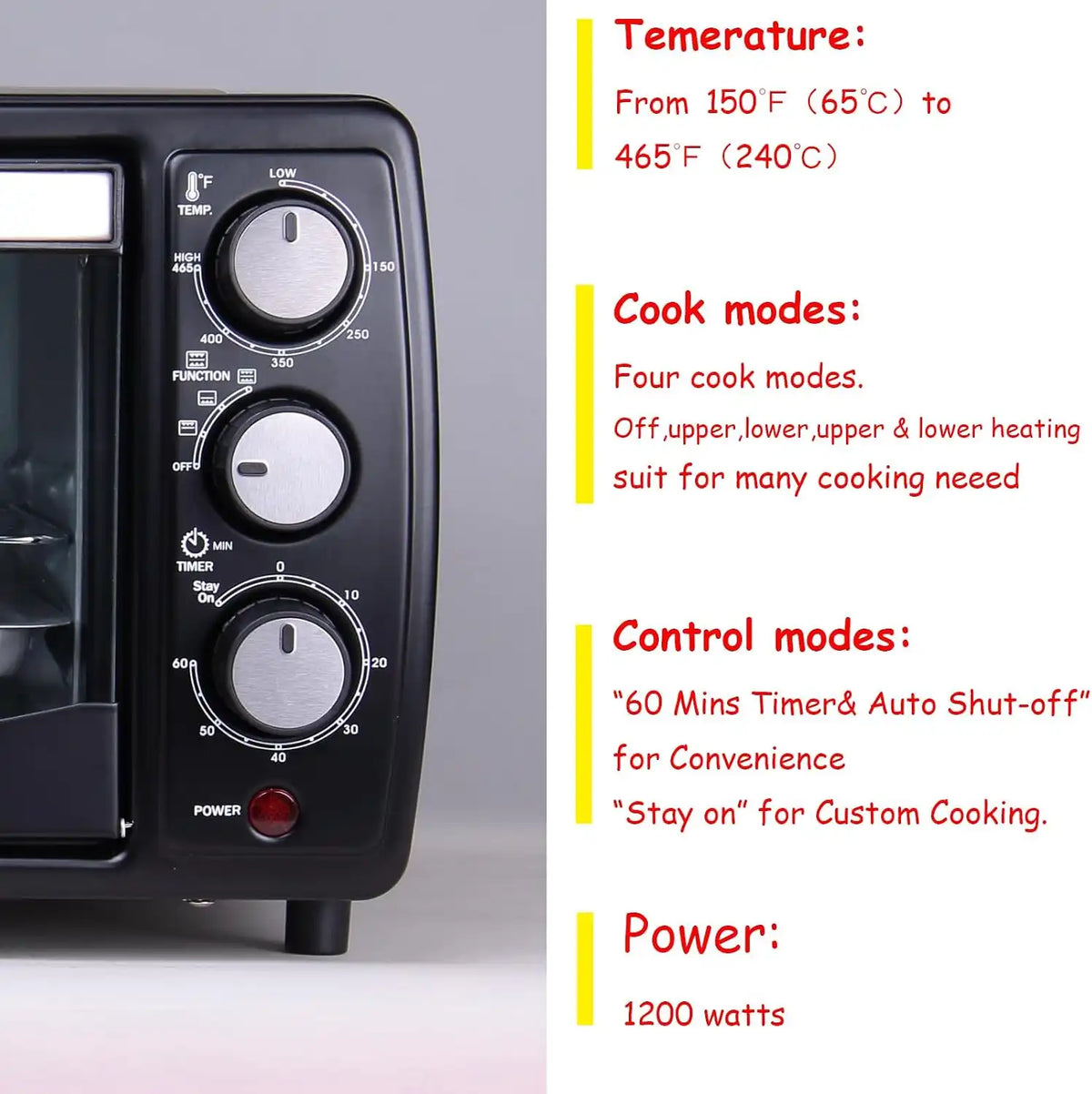 GT12 Black Countertop Toaster Oven, 12L Compact Small Oven, 1200W, Fits 4 Slices, 4 Cooking Modes, 60-Min Timer & Adjustable Temperature, For Toast, Bake & Broil, Ideal for Apartment & Dorm