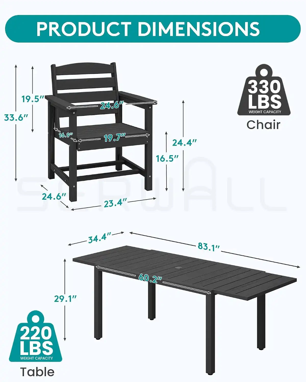 SERWALL 60" - 83" Expandable Outdoor Dining Table and 6 HDPE Chairs, Black