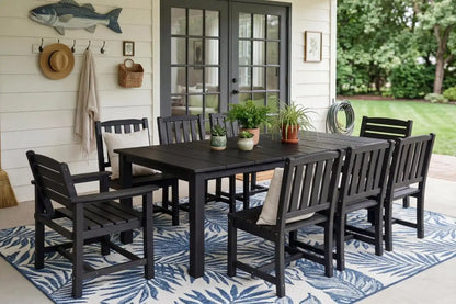Perli™ 9-Piece Outdoor Dining Set, All-Weather HDPE Patio Furniture with 8 Ergonomic Chairs & Large Table, Built-in Umbrella Hole, UV-Resistant Set for Backyard, Deck, Poolside, Black