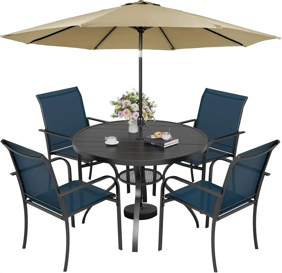 SUNCROWN 6 - Piece Outdoor Dining Set, Patio Furniture Set with 4 Textilene Dinning Chairs, 41" Metal Round Table and 1 Brown 9Ft Patio Umbrella for Lawn Garden Backyard Deck, Blue
