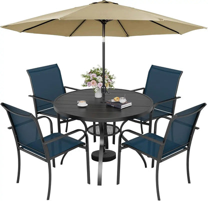 SUNCROWN 6 - Piece Outdoor Dining Set, Patio Furniture Set with 4 Textilene Dinning Chairs, 41" Metal Round Table and 1 Brown 9Ft Patio Umbrella for Lawn Garden Backyard Deck, Blue
