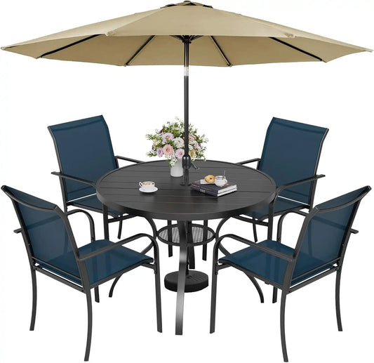 SUNCROWN 6 - Piece Outdoor Dining Set, Patio Furniture Set with 4 Textilene Dinning Chairs, 41" Metal Round Table and 1 Brown 9Ft Patio Umbrella for Lawn Garden Backyard Deck, Blue