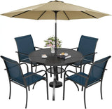 SUNCROWN 6 - Piece Outdoor Dining Set, Patio Furniture Set with 4 Textilene Dinning Chairs, 41" Metal Round Table and 1 Brown 9Ft Patio Umbrella for Lawn Garden Backyard Deck, Blue