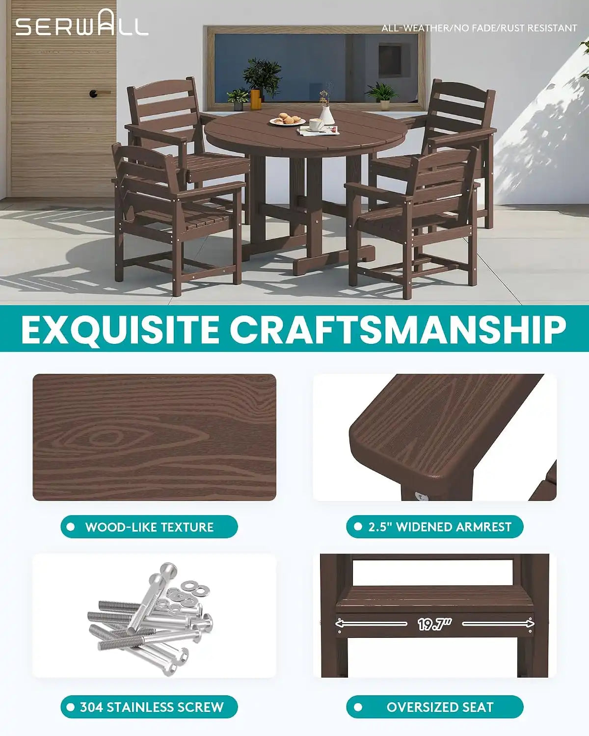 SERWALL 6-Pc Dining Set, 45" Table, 4 Chairs&9FT Umbrella, Coffee (No Base)