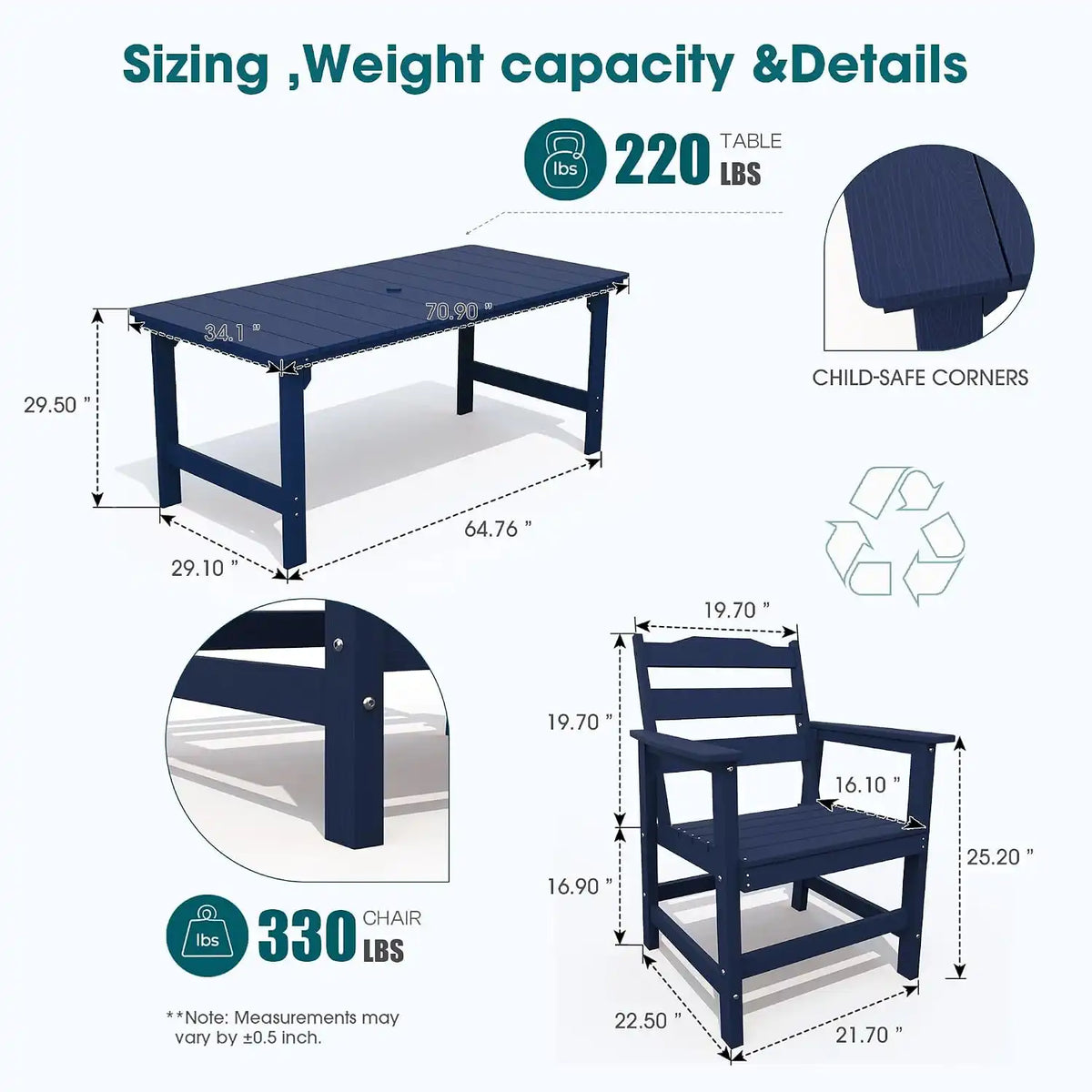 THOEOE Patio Dining Set for 6, HDPE 70 inch Outdoor Table and Chairs