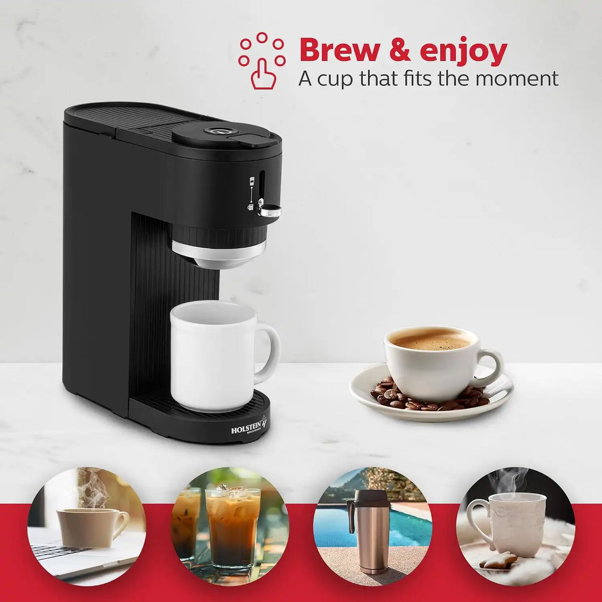 Holstein Housewares 2-in-1 Single Serve Coffee Maker, Dual Brew, Compatible with K-Cup® Pods & Ground Coffee, Reusable Filter Included, Compact Drip Coffee Machine, 14oz Tank, Fits Most Cups - Black
