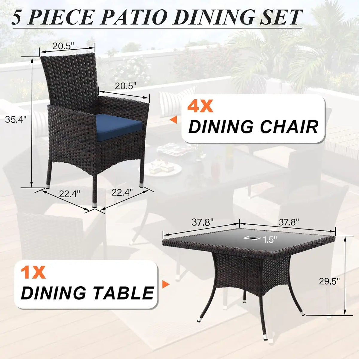 ALAULM 5 Piece Patio Dining Set All-Weather Wicker Outdoor Furniture Set w/Tempered Glass Tabletop, Removable Cushions and Umbrella Hole for Patio, Backyard, Garden, Poolside（Navy）