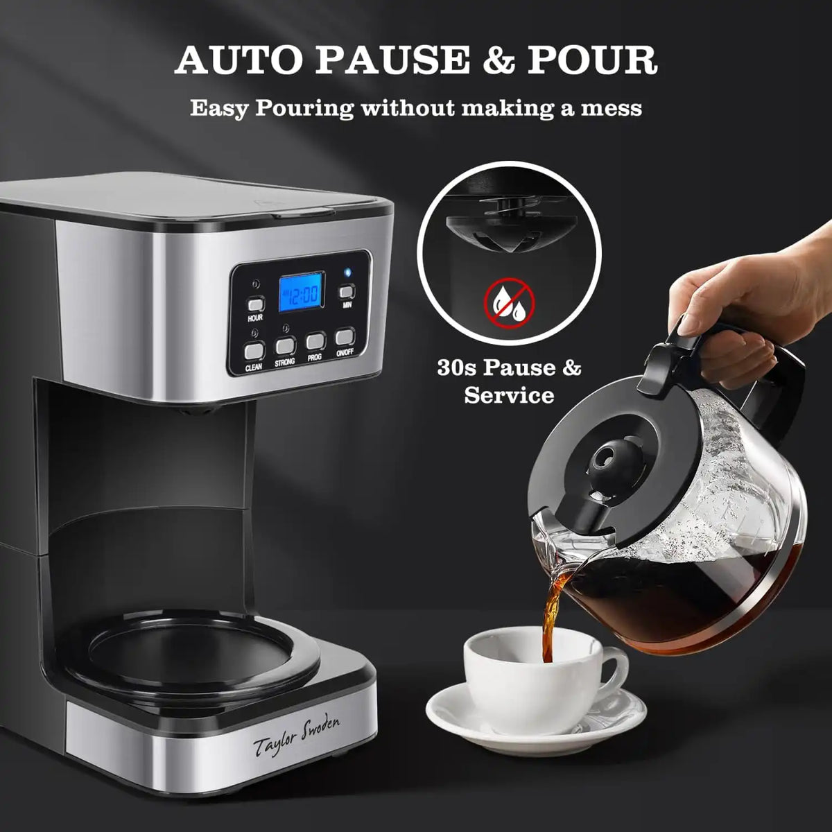 Taylor Swoden 12-Cup Programmable Coffee Maker, Black & Stainless Steel
