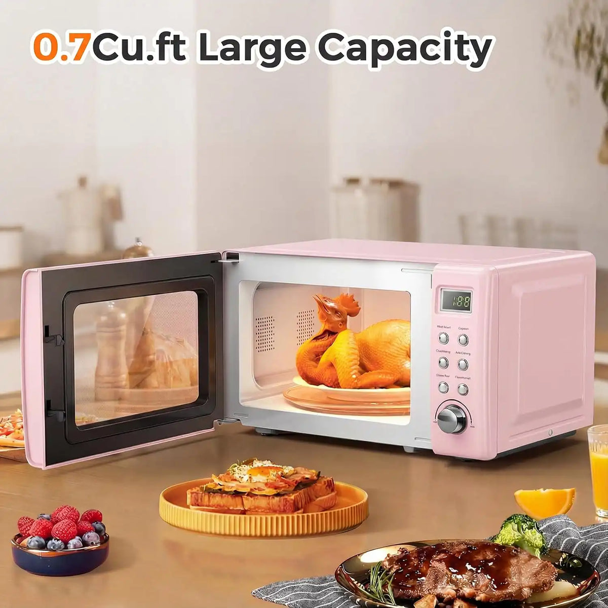 LDAILY 0.7Cu.ft Retro Small Microwave Oven, 700W Compact Countertop Microwave with 5 Power Levels, Auto Cooking Menus, Glass Turntable, Child Lock & Glass Turntable for Apartment, Dorm (Pink)