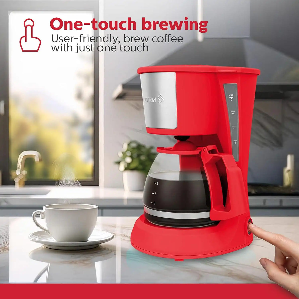 Holstein Housewares - 5 Cup Drip Coffee Maker - Convenient and User Friendly with Permanent Filter, Borosilicate Glass Carafe, Water Level Indicator, Auto Pause/Serve and Keep Warm Functions, Red