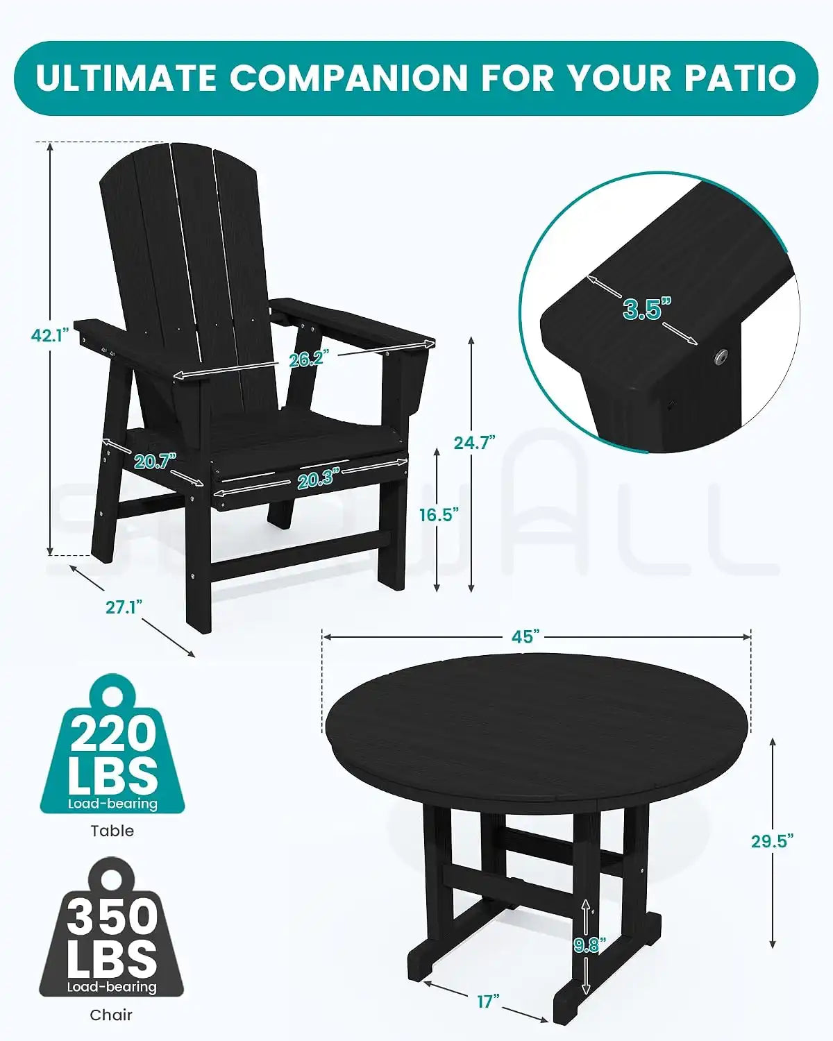 SERWALL Outdoor Adirondack Dining Chair Set of 2, All Weather HDPE, Black