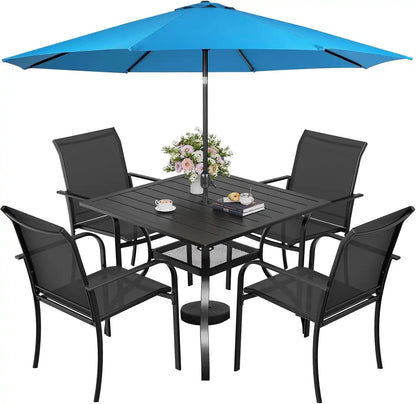 SUNCROWN 6 - Piece Outdoor Dining Set, Patio Furniture Set with 4 Textilene Dinning Chairs, 1 Steel Slat Metal Bistro Table and 1 Sky Blue 9Ft Patio Umbrella for Lawn Garden Backyard Deck, Black