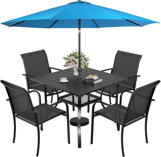 SUNCROWN 6 - Piece Outdoor Dining Set, Patio Furniture Set with 4 Textilene Dinning Chairs, 1 Steel Slat Metal Bistro Table and 1 Sky Blue 9Ft Patio Umbrella for Lawn Garden Backyard Deck, Black