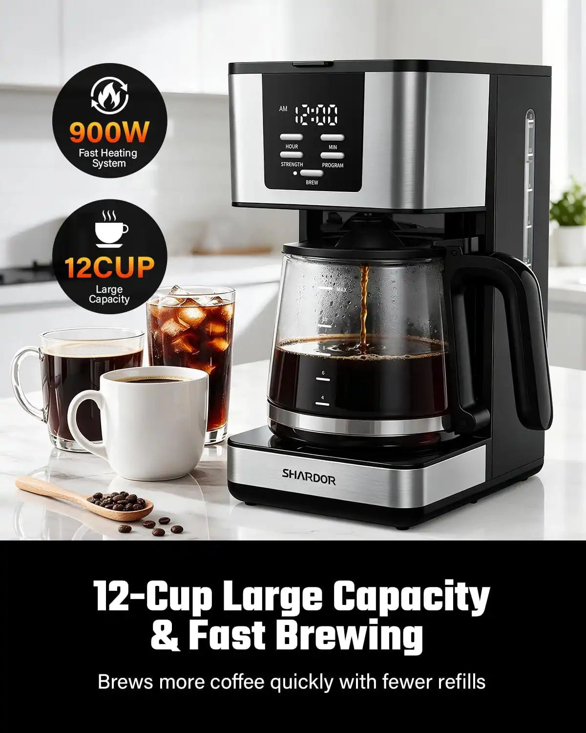 SHARDOR 12-Cup Programmable Coffee Maker, Regular & Bold, LED Display