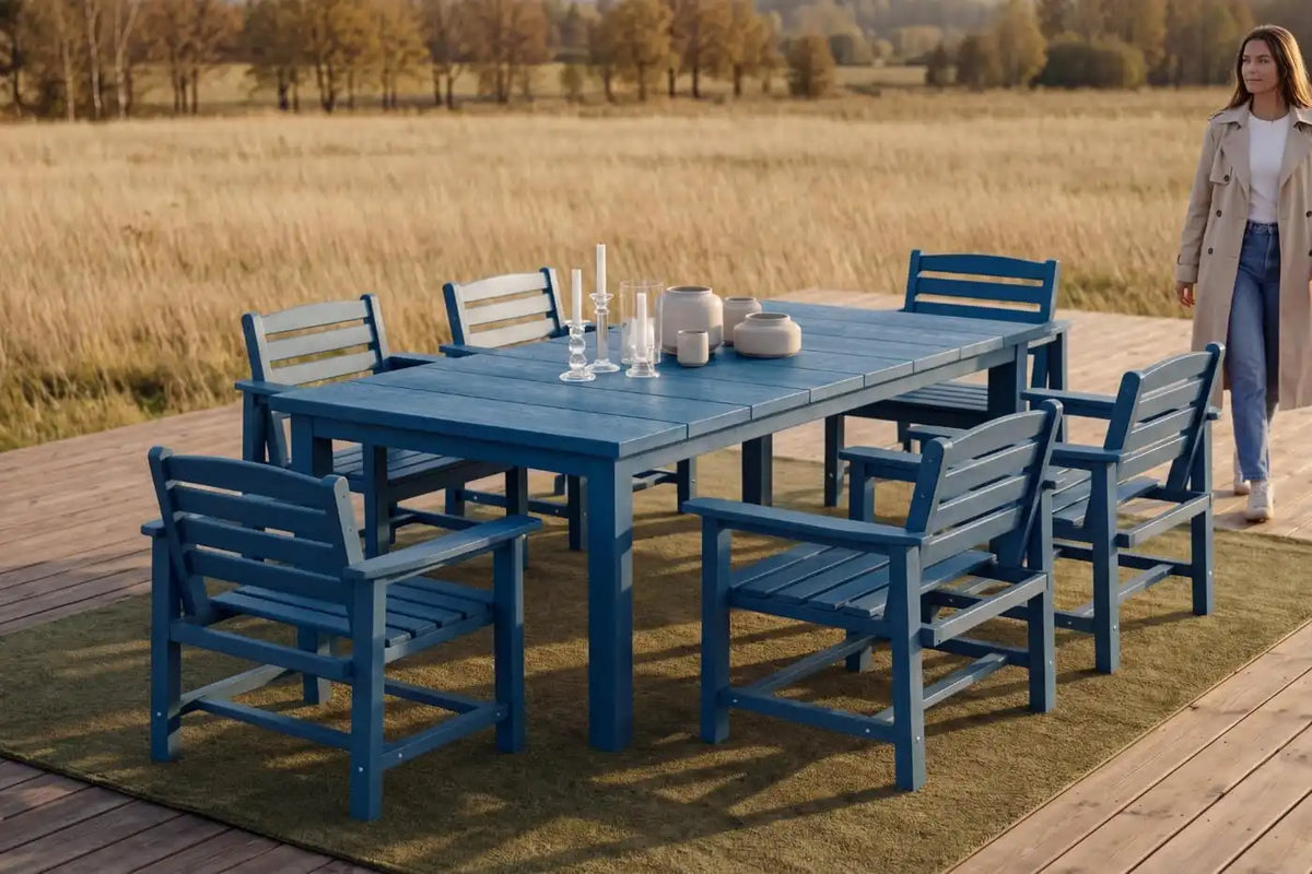 Perli™ 7-Piece Outdoor Dining Set, All-Weather HDPE Patio Furniture with 6 Ergonomic Chairs & Large Table, Built-in Umbrella Hole, UV-Resistant Set for Backyard, Deck, Poolside, Blue