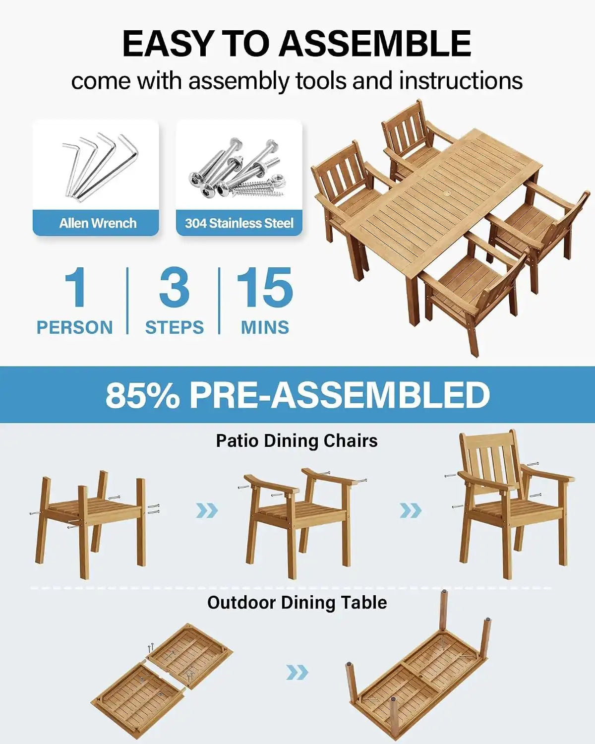 YEFU Patio Dining Chairs Set of 4, Weather Resistant HIPS, Teak