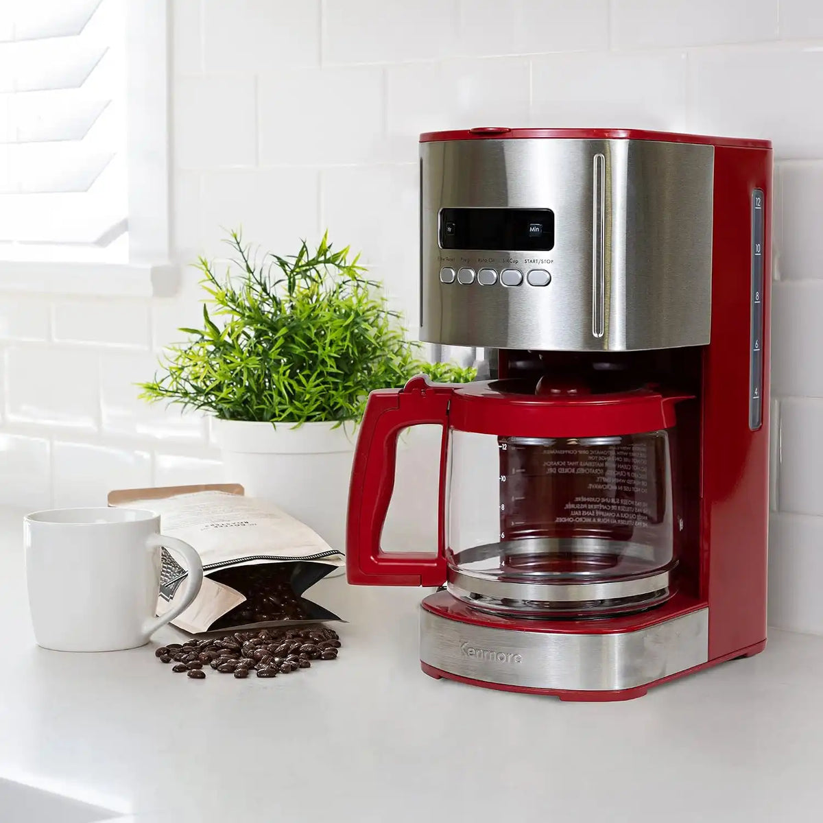 Kenmore 12-Cup Coffee Maker, Glass Carafe, Cafetera Programable, Red