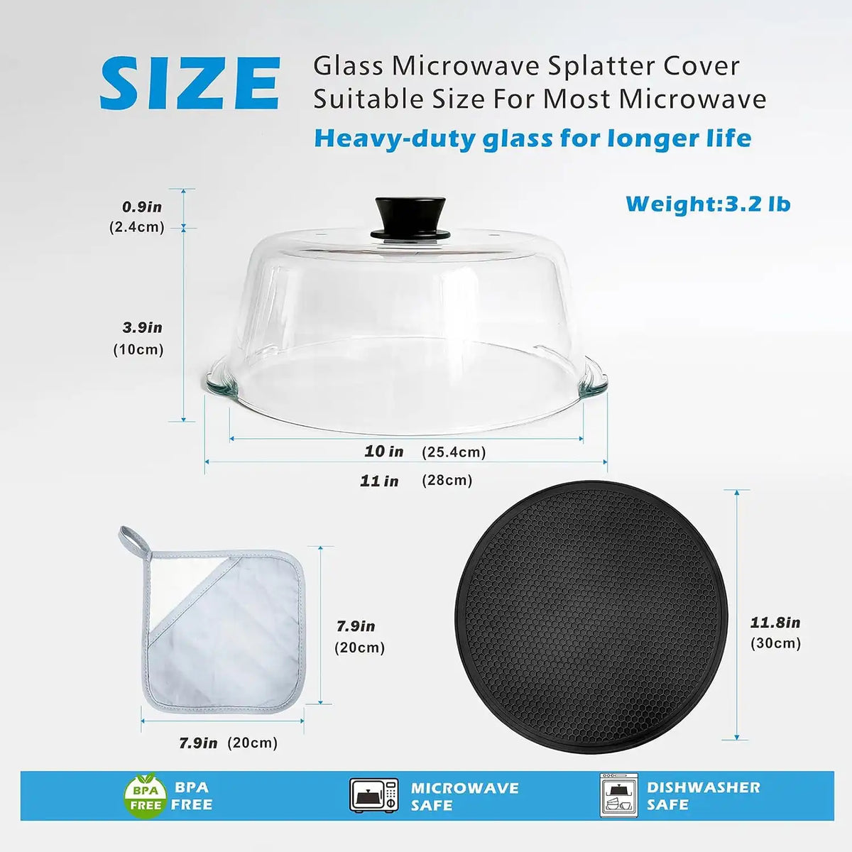 Glass Microwave Splatter Cover with Glove & Mat for Food, 4 Vents Guard Lid