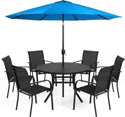 SUNCROWN 8 - Piece Outdoor Dining Set, Patio Furniture Set with 6 Textilene Dinning Chairs, 53" Metal Round Table and 1 Sky Blue 9Ft Patio Umbrella for Lawn Garden Backyard Deck, Black
