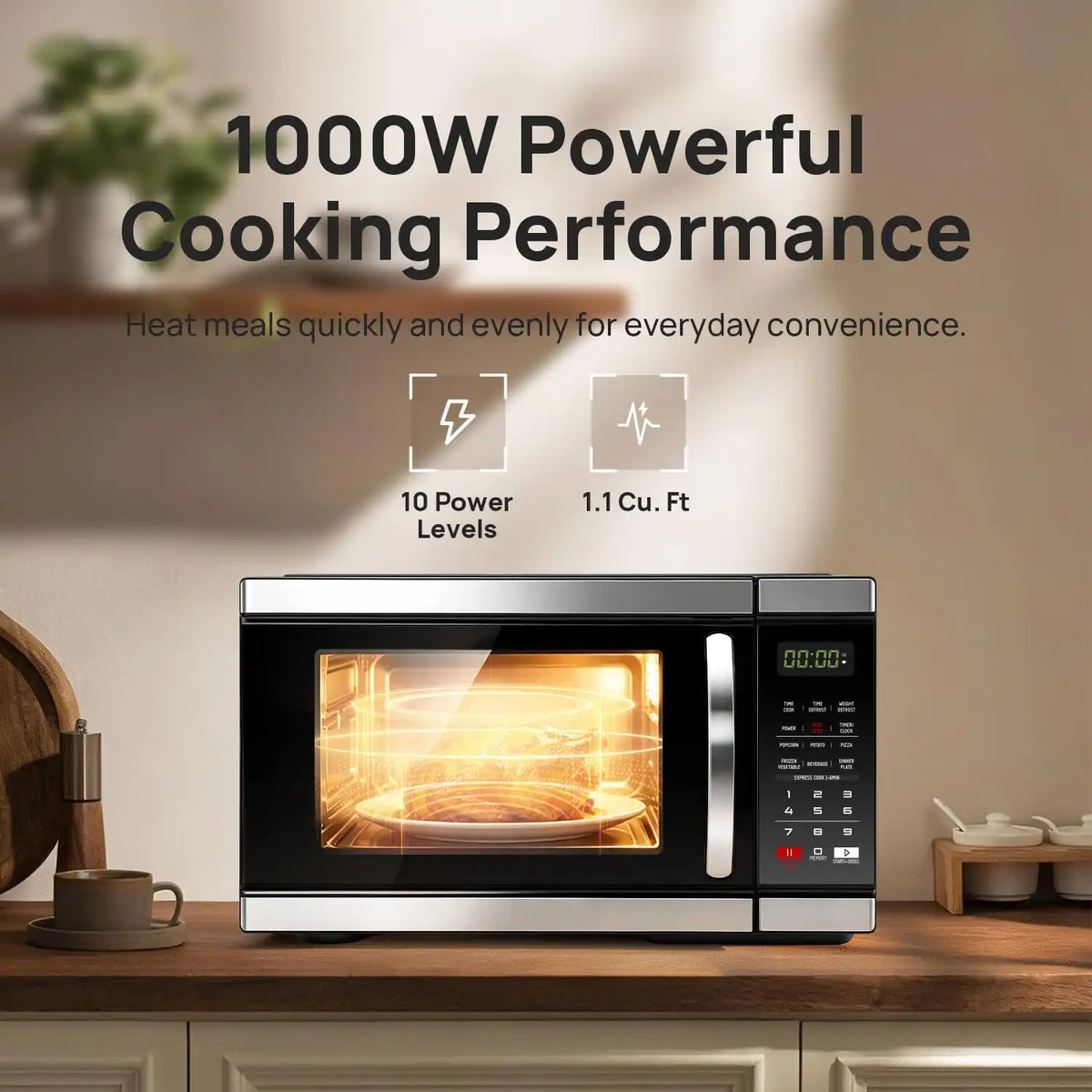 Smad 1000 Watt Microwave Countertop Ovens, Black Digital Small Microwave 1.1 Cu Ft, Large Microwave 6 Auto Cooking, Eco Mode, Child Lock, 10 Power Level, Led Display, Easy Clean, Memory Function