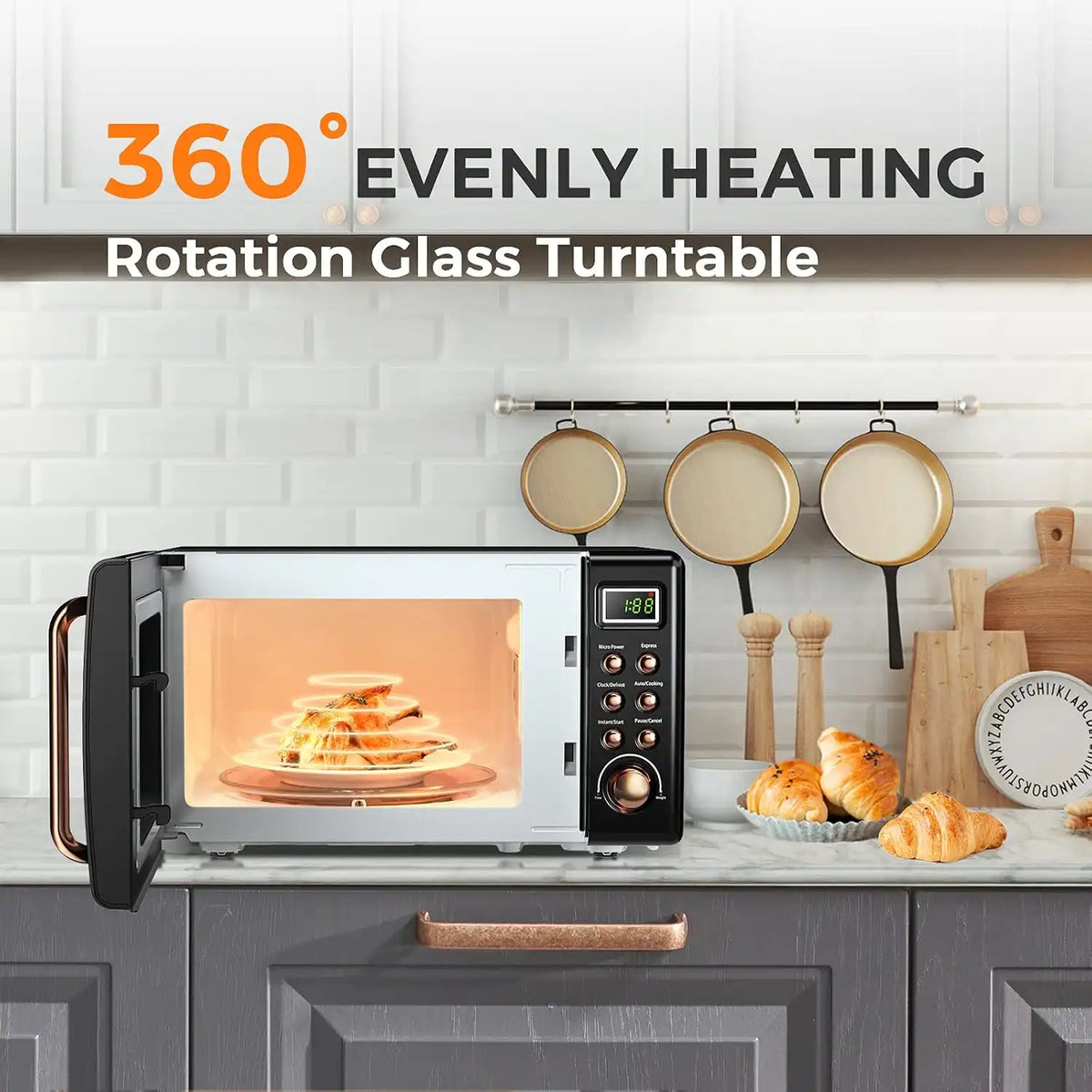 LDAILY 0.7Cu.ft Retro Small Microwave Oven, 700W Compact Countertop Microwave with 5 Power Levels, Auto Cooking Menus, Glass Turntable, Child Lock & Glass Turntable for Apartment, Dorm (Golden)